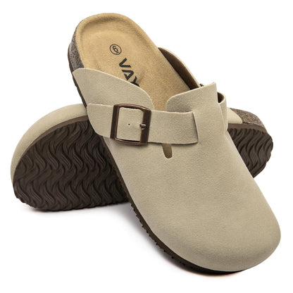 Women Suede Clogs Casual Slip On Potato Mule Slippers | Soft Suede Upper, Arch-Support Cork Insole, Adjustable Buckle, Anti-Slip Sole