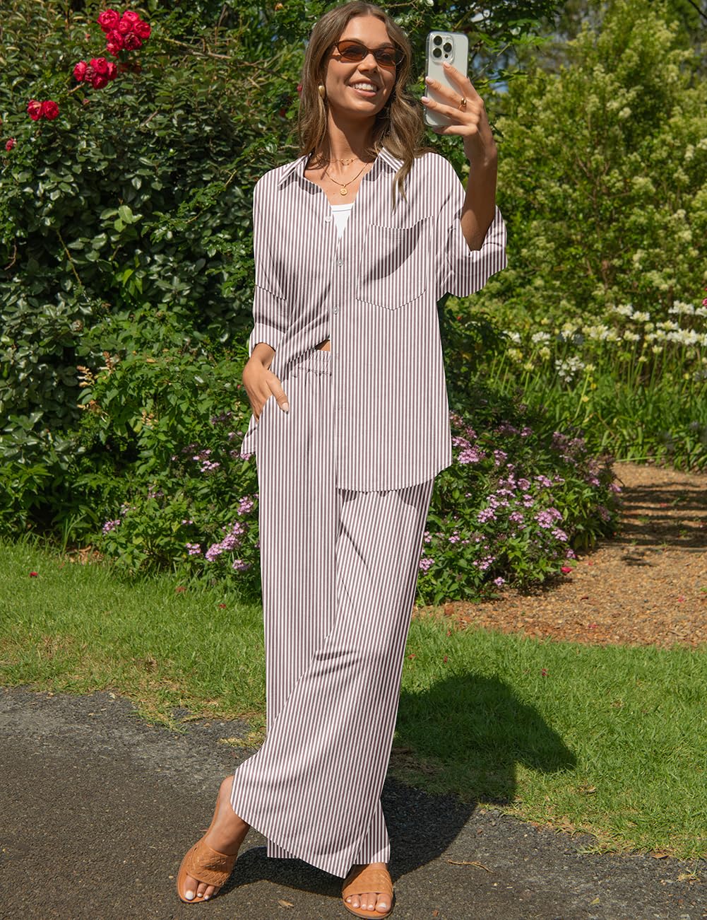 TARSE Womens Linen 2 Piece Outfits Casual Lounge Sets | Long Sleeve, Button Down Shirt and Wide Leg Pants, loose fit linen, vacation outfits with Pockets