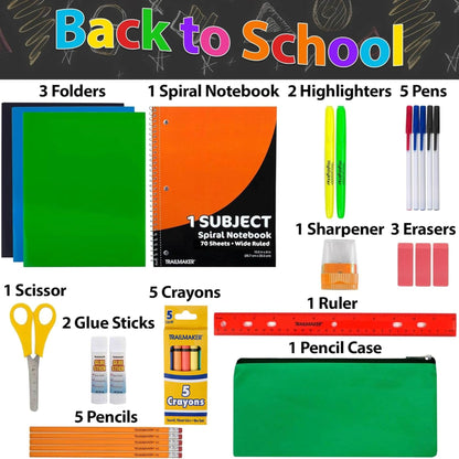 Trailmaker 12 Pack Bulk School Supply Kits | 30 Piece Classroom Supply Sets for Elementary & Middle School | Notebooks, Pencils, Crayons & Essentials | Ideal for Schools, Nonprofits, Charities & Donation Programs