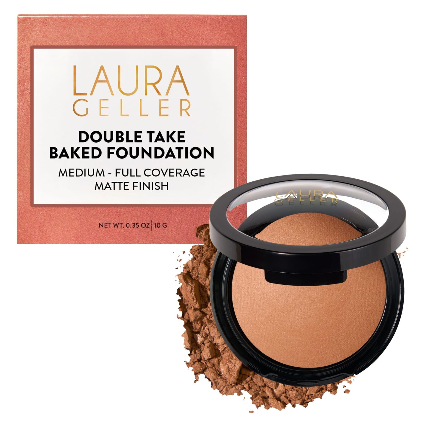 LAURA GELLER NEW YORK Baked Double Take Powder Foundation – Longwear Buildable Medium to Full Coverage – Matte Finish – Non-Caking Formula – Handmade in Italy – Mature & Sensitive Skin – Tan
