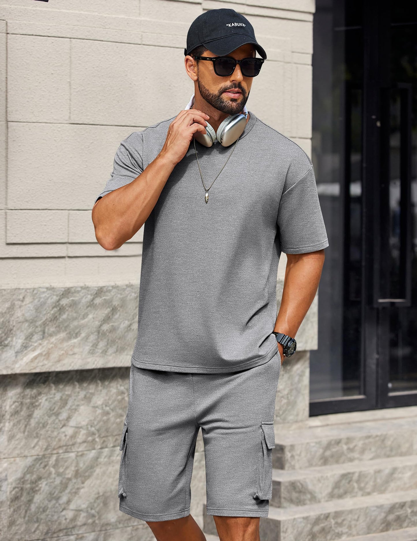 COOFANDY Men's Shirt and Shorts Set 2 Piece Fashion Summer Tracksuits Cotton Oversized T-Shirts Cargo Shorts Outfits
