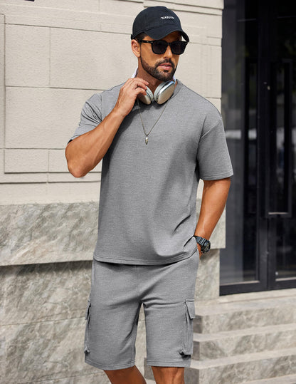 COOFANDY Men's Shirt and Shorts Set 2 Piece Fashion Summer Tracksuits Cotton Oversized T-Shirts Cargo Shorts Outfits