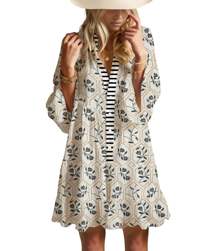 Opemiby Summer Dresses for Women 2026 Flowy Ruffle 3/4 Sleeve V Neck Tiered Casual Babydoll Boho Beach Mini Dress