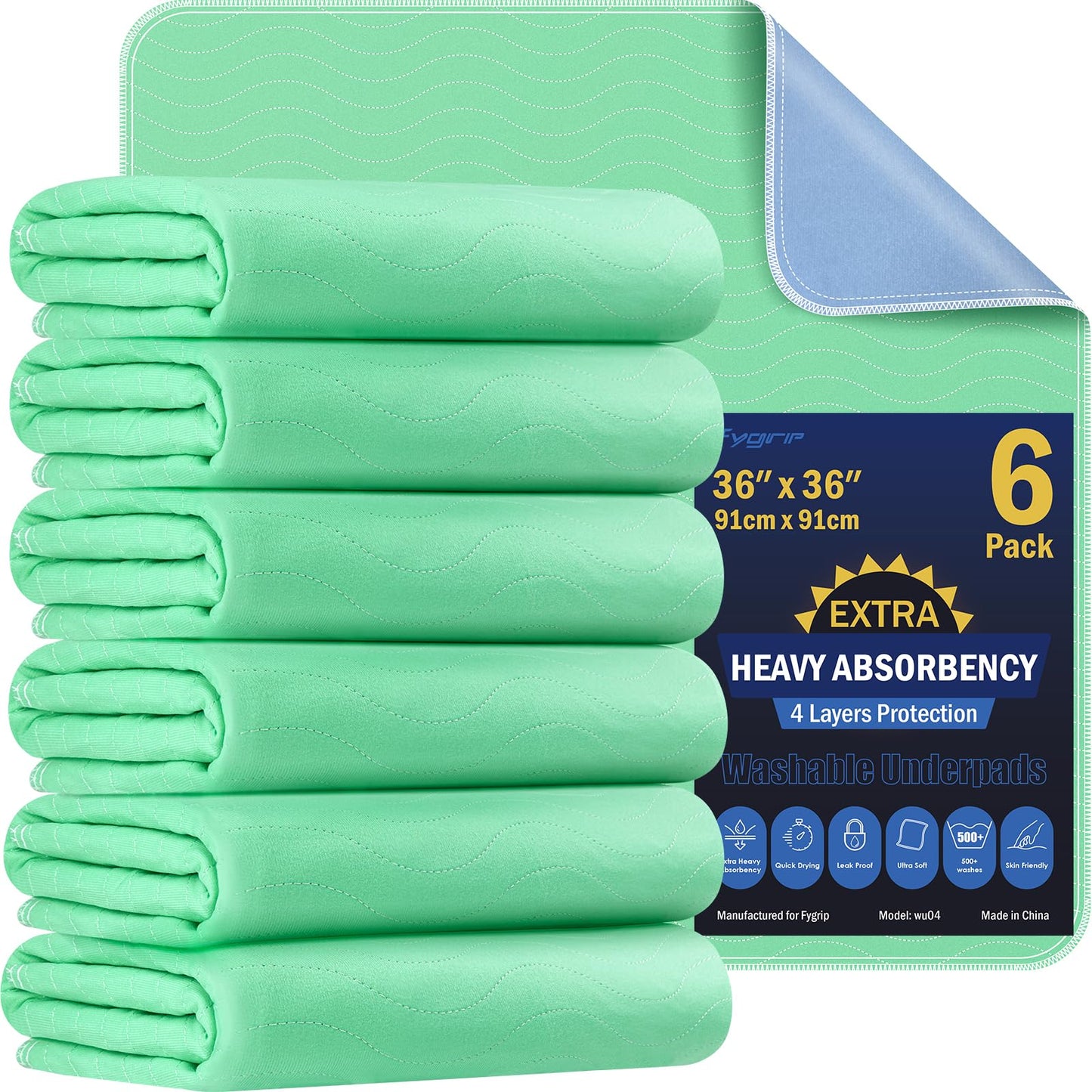4 Pack 24” x 24” Extra Heavy Absorbency Washable Underpads, Waterproof Nursing Pads Incontinence Bed Pads, Reusable Washable Pee Pads for Dogs, Diaper Changing & Adults, Washable Puppy Pads