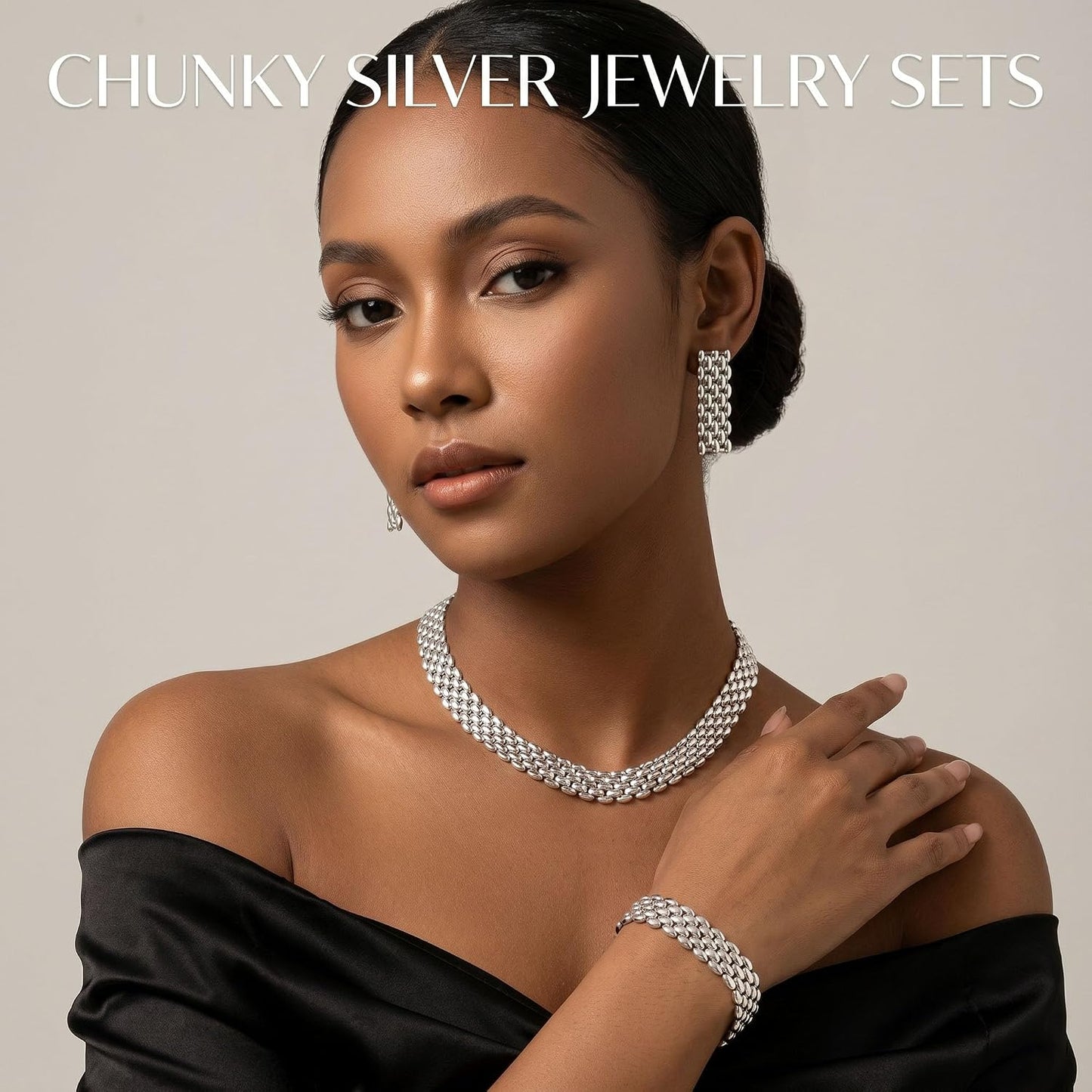 Chunky Gold Jewelry Sets for Women 14K Gold Plated Necklace Earrings Bracelet Set Cuban Link Thick Choker Necklace Punk Statement Necklaces Earrings Bracelet Set Fashion Jewelry Gift for Women