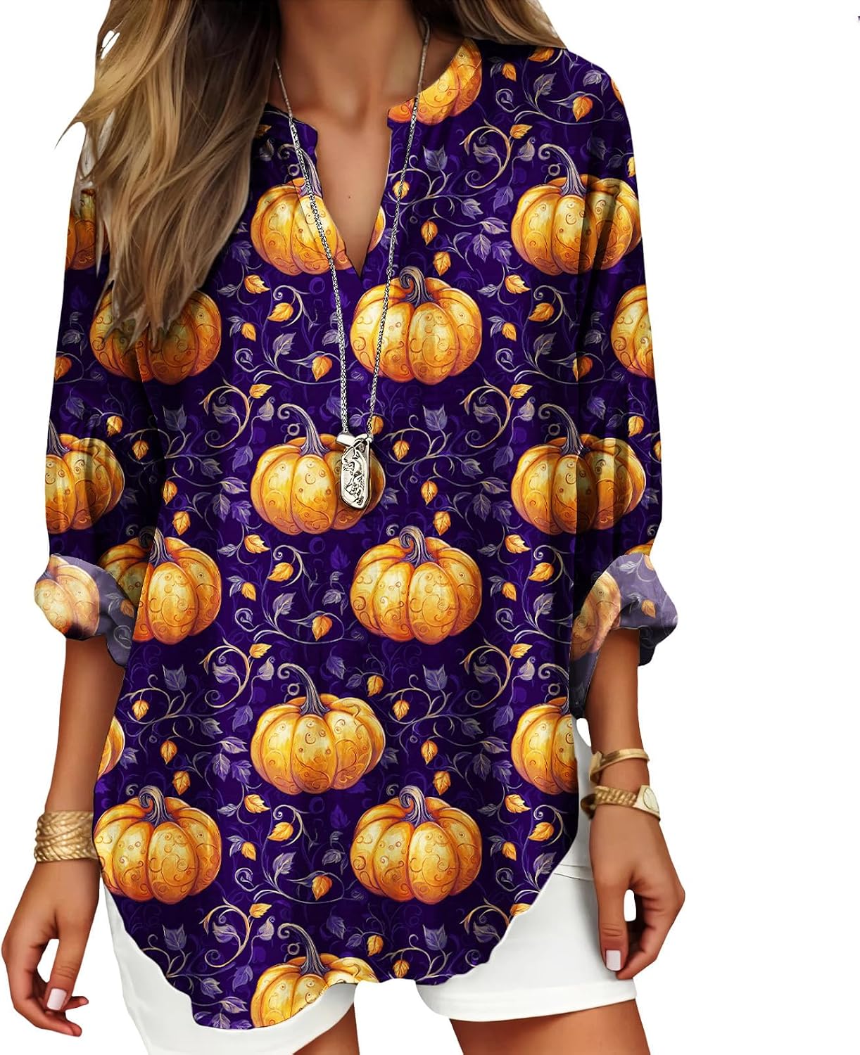 Womens Bohemian Print Tunic Top Cotton Blend V Neck Long Sleeve Loose Fit Casual Blouse for Summer Beach Vacation