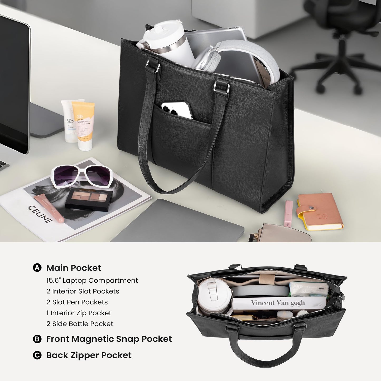 befen Genuine Leather Tote Bag for Women Work, Women's Leather Shoulder Bags Purses Satchel Handbags with Laptop Compartment