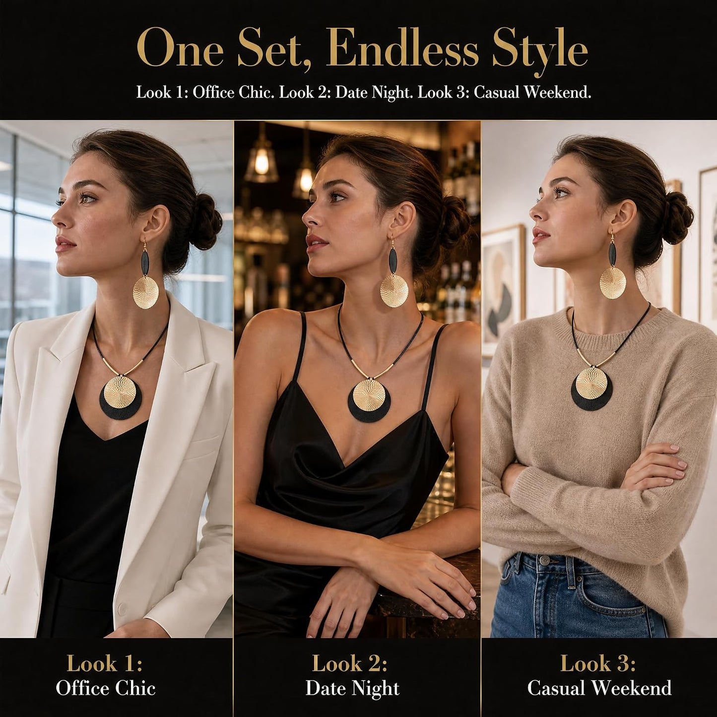 Gold Disc Pendant Necklace Earrings Set Leather Cord Black Circle Statement Necklaces Geometric Textured Medallion Jewelry For Women Party Fashion