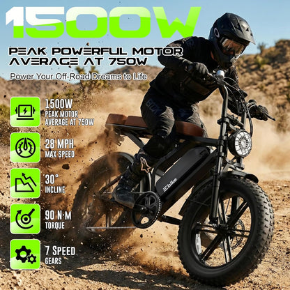 Electric Bike for Adults, Peak 1500W Motor Retro E Bike, Range 65/120Miles, 48V 15Ah Removable Battery, 20"x4" Fat Tires, Full Suspension, APP Control, Off-Road Ebike for City Commuting