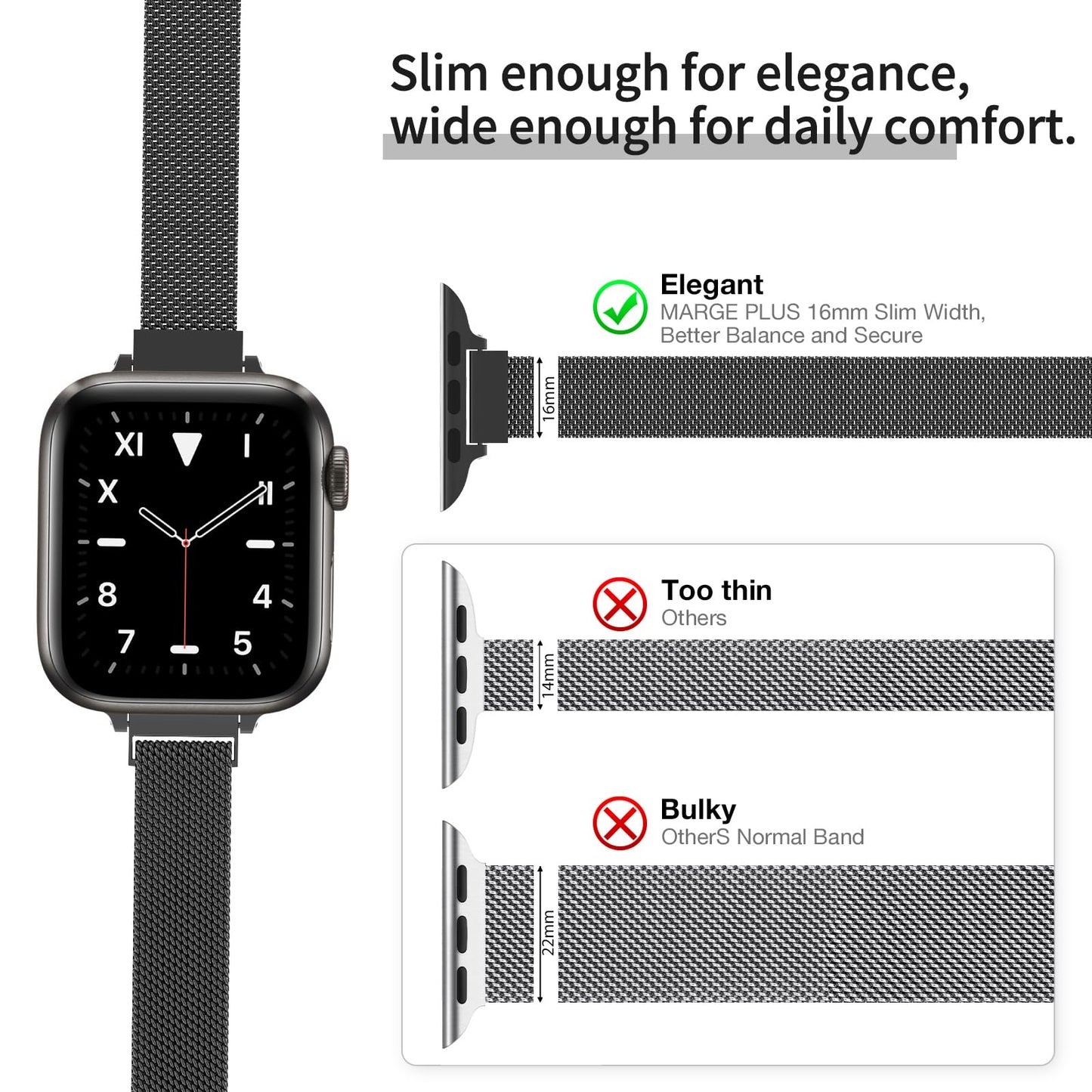 MARGE PLUS Slim Milanese Loop Compatible with Apple Watch Band for women 41mm 40mm 38mm 42mm 46mm 45mm 44mm, Stainless Steel Magnetic Mesh Strap work on iWatch Series 11 10 9 8 7 6 5 4 3 & SE 3 2 1