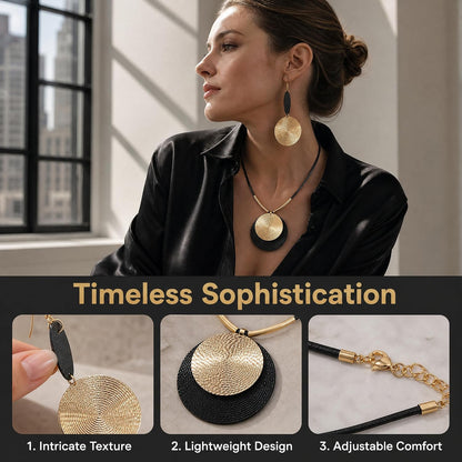 Gold Disc Pendant Necklace Earrings Set Leather Cord Black Circle Statement Necklaces Geometric Textured Medallion Jewelry For Women Party Fashion
