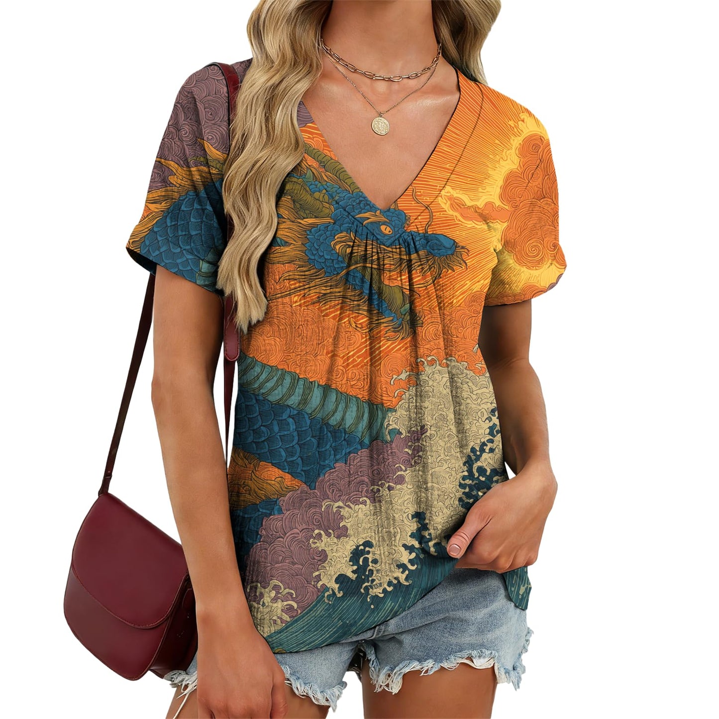 domirica Japanese Print Blouse Women V Neck Short Sleeve Lightweight Breathable Summer Casual Soft Comfy Tops 2026