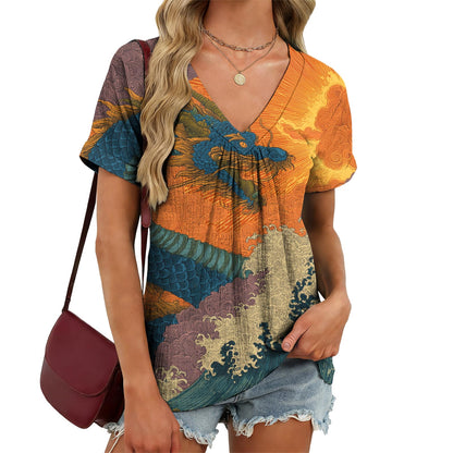 domirica Japanese Print Blouse Women V Neck Short Sleeve Lightweight Breathable Summer Casual Soft Comfy Tops 2026