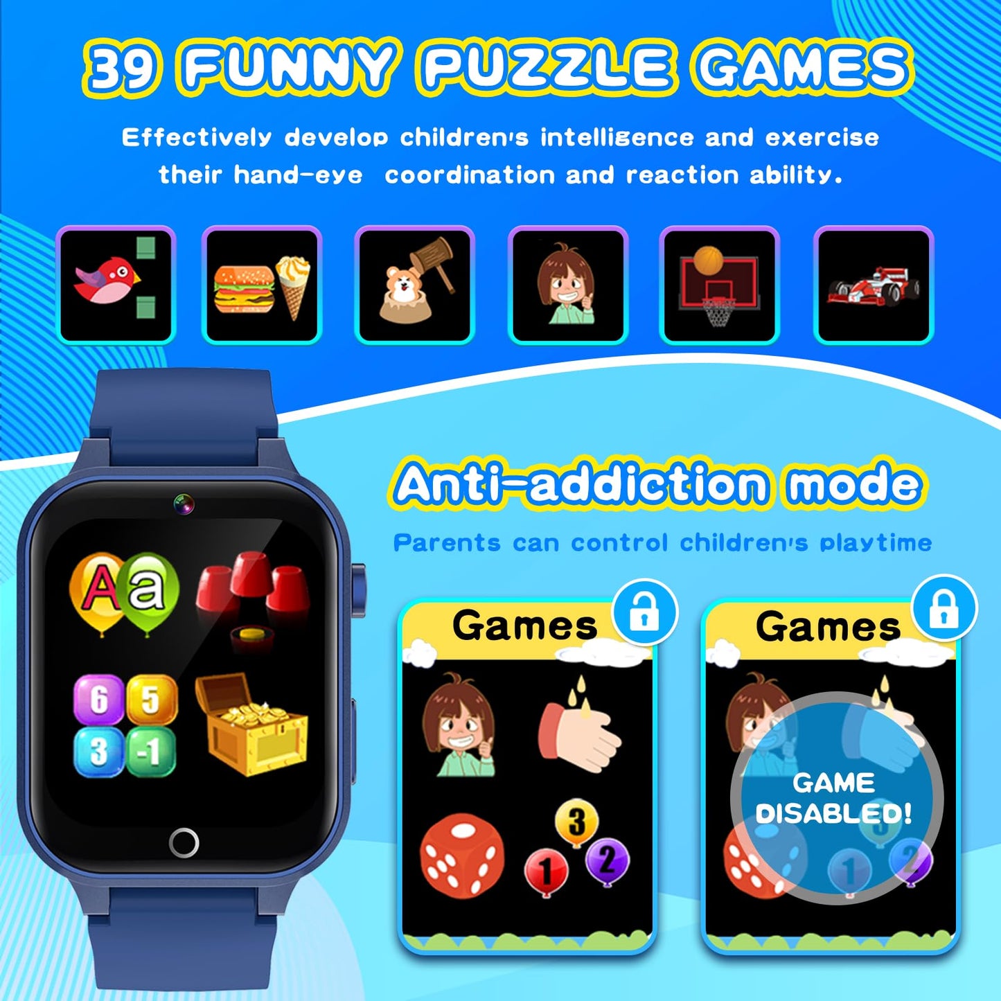 Kids Smart Watch Gift for Girls Age 5-12, 39 Games HD Touch Screen Watches with Video Camera Music Player Pedometer Flashlight 12/24 hr Educational Toys Birthday Gifts for Girls Ages 7 8 9 10