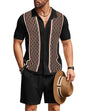 COOFANDY Men's 2 Piece Outfit Vintage Short Sleeve Button Down Knit Polo Shirts Casual Beach Shorts Sets