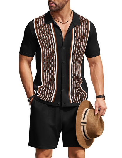 COOFANDY Men's 2 Piece Outfit Vintage Short Sleeve Button Down Knit Polo Shirts Casual Beach Shorts Sets