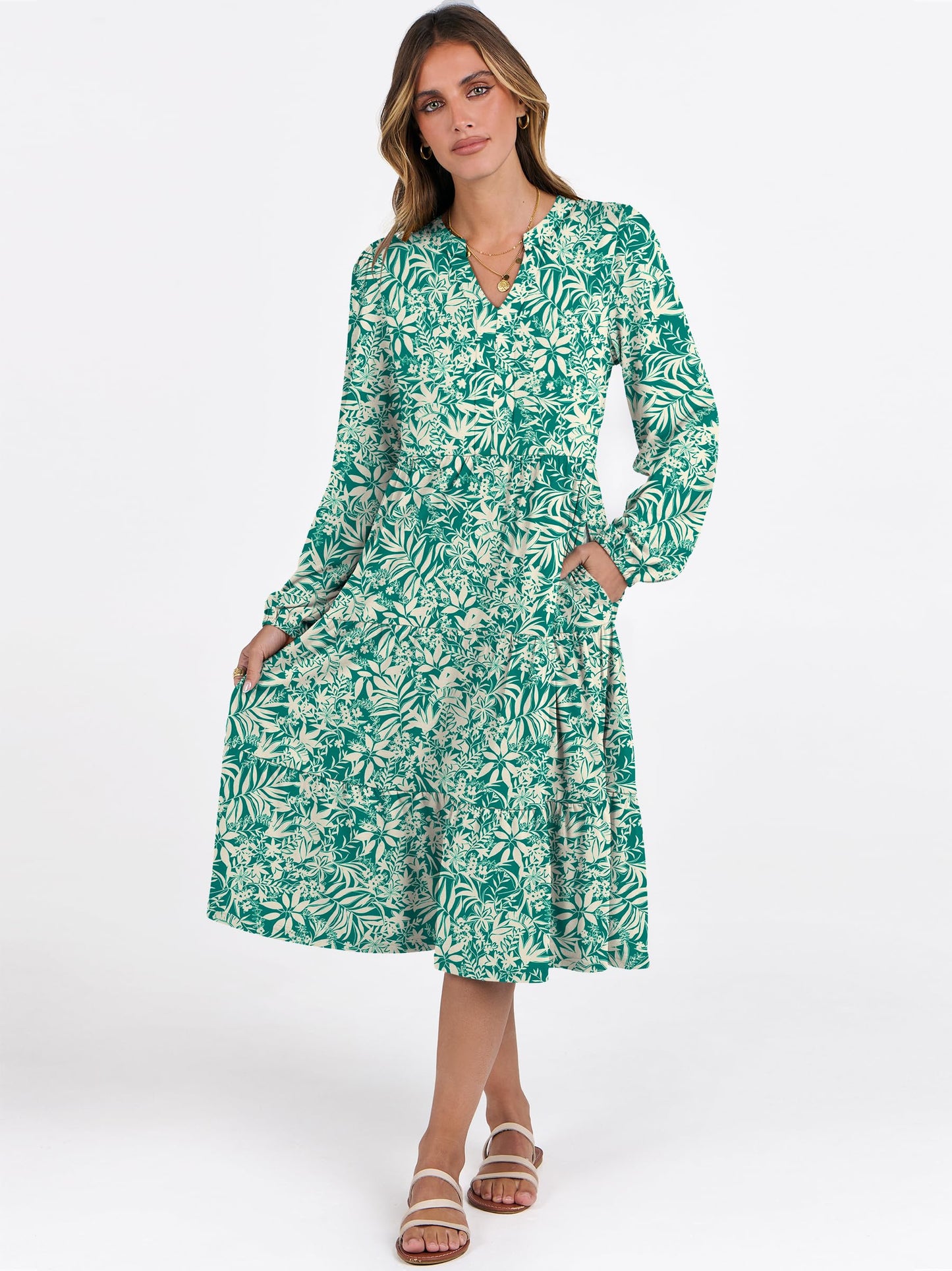 ANRABESS Womens V Neck Long Sleeve Midi Dress | Swing Flowy Tiered with Pockets, Soft Fabric, Boho Beach Vacation Dresses, Loose Fit Casual, Fall Winter Transition Clothes