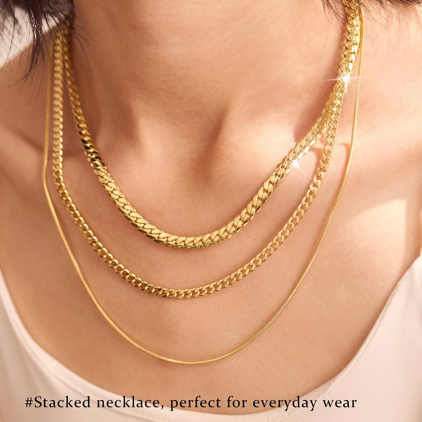 3PCS Gold Necklaces for Women,Chunky Statement Gold Plated Necklace Stack Layered Sterling Silver Herringbone Chains for Women Dainty Trendy Silver Chains Stacked Jewelry Gifts