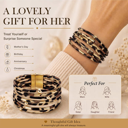 Fesciory Leopard Bracelet for Women, Boho Leather Wrap Multi-Layer Pearl Crystal Bracelet Bangle Jewelry