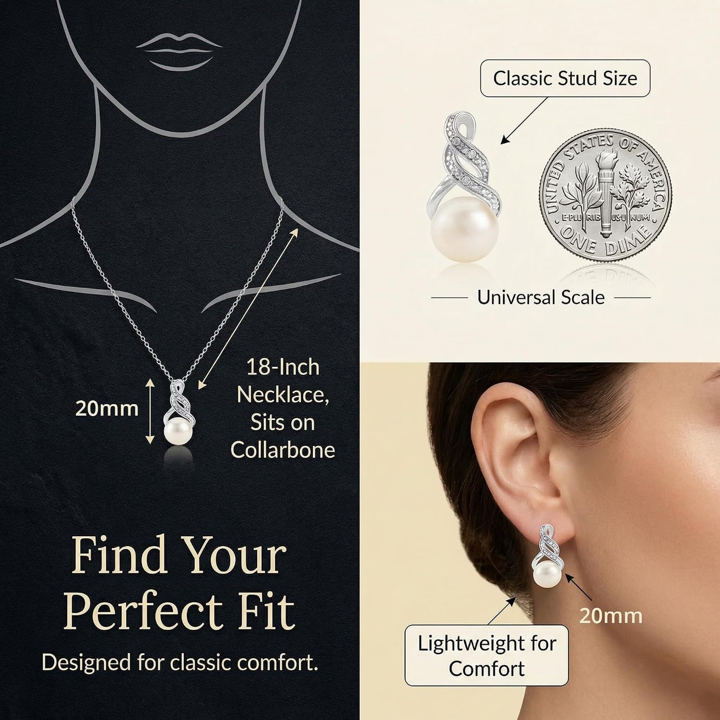 Real Diamond Sterling Silver Pearl Necklace and Earring Set | Hypoallergenic Real Cultured Freshwater Pearl Jewelry Set with 18 Inch Silver Chain | Diamond Bridal Bridesmaid Set for Women with Gift Box by MAX + STONE