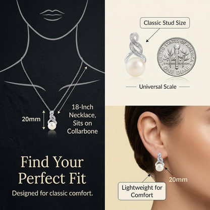 Real Diamond Sterling Silver Pearl Necklace and Earring Set | Hypoallergenic Real Cultured Freshwater Pearl Jewelry Set with 18 Inch Silver Chain | Diamond Bridal Bridesmaid Set for Women with Gift Box by MAX + STONE