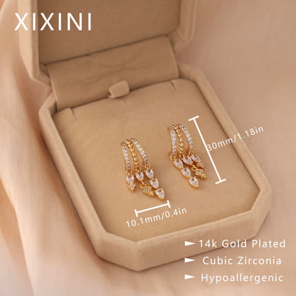 Gold Dangle Earrings for Women,Dainty 14K Gold Plated Triple Huggie Hoop Earrings Cute Statement Drop Earrings for Women Trendy Hypoallergenic CZ Gold Earrings Non Tarnish Wedding Prom Jewelry