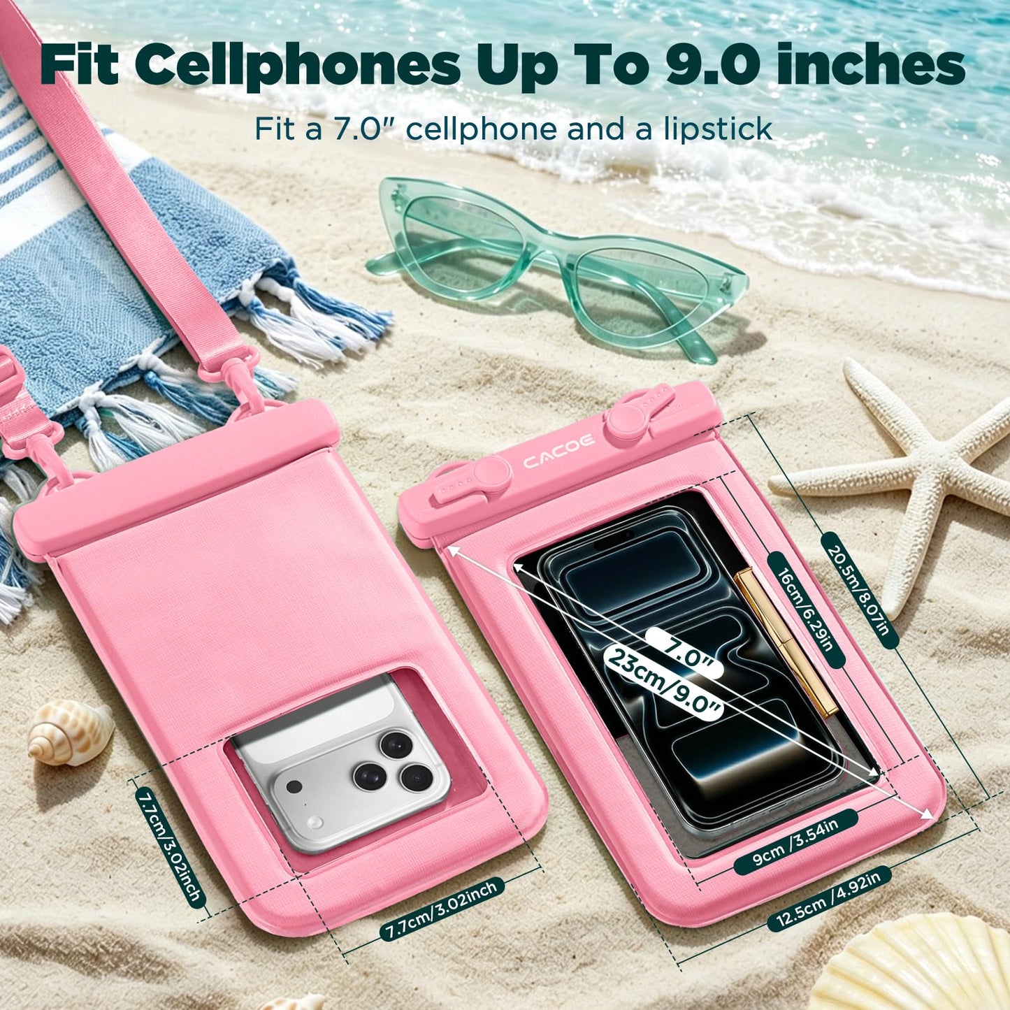 CACOE Floatable Waterproof Phone Pouch 2 Pack Up to 9.0", Black+Green | Floatable, IPX8 Waterproof Phone Case,Adjustable Lanyard,Dry Bags for Beach/Cruise/Travel/Camping/Kayak/Vacation Essentials