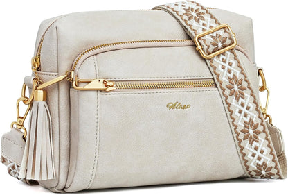 Small Leather Crossbody Bags for Women Anti theft Purses and Handbag Shoulder Hangbag with Wide Strap Tassel