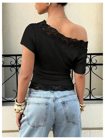 Verdusa Women's Y2K Lace Off The Shoulder Tops Cropped T Shirts Summer Chic Outfits