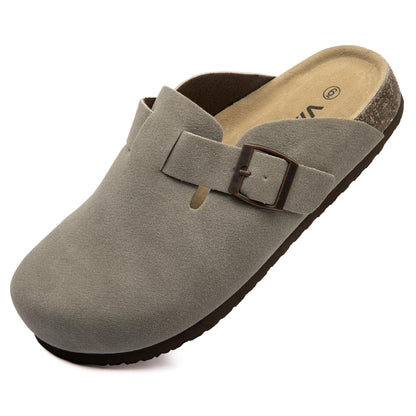 Women Suede Clogs Casual Slip On Potato Mule Slippers | Soft Suede Upper, Arch-Support Cork Insole, Adjustable Buckle, Anti-Slip Sole