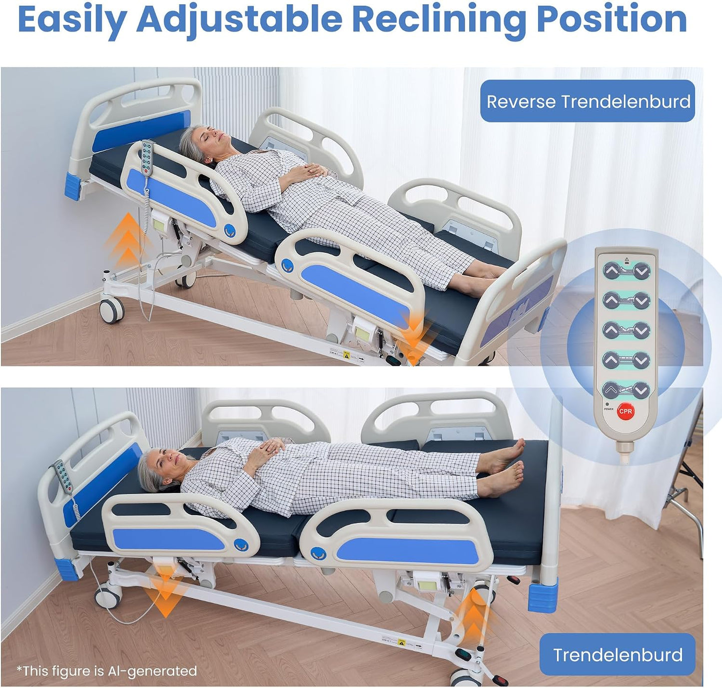 Careboda Premium 5 Function Full Electric Hospital Bed, Hospital Bed with PU Advanced Mattress, Quiet Wheels & IV Pole, ICU Electric Medical Bed with Core Motor, 85" x 41", 530lbs, Hospital & Home Use