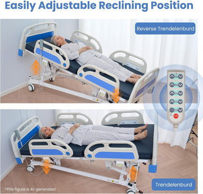 Careboda Premium 5 Function Full Electric Hospital Bed, Hospital Bed with PU Advanced Mattress, Quiet Wheels & IV Pole, ICU Electric Medical Bed with Core Motor, 85" x 41", 530lbs, Hospital & Home Use