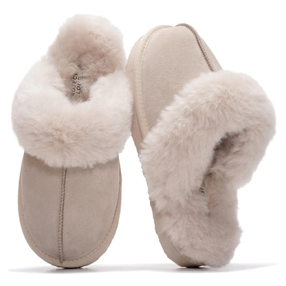 Project Cloud Genuine Leather Slippers for Women with Genuine Fur Lining, Non-Slip Indoor/Outdoor Clog Mule Slippers, Memory Foam Insole