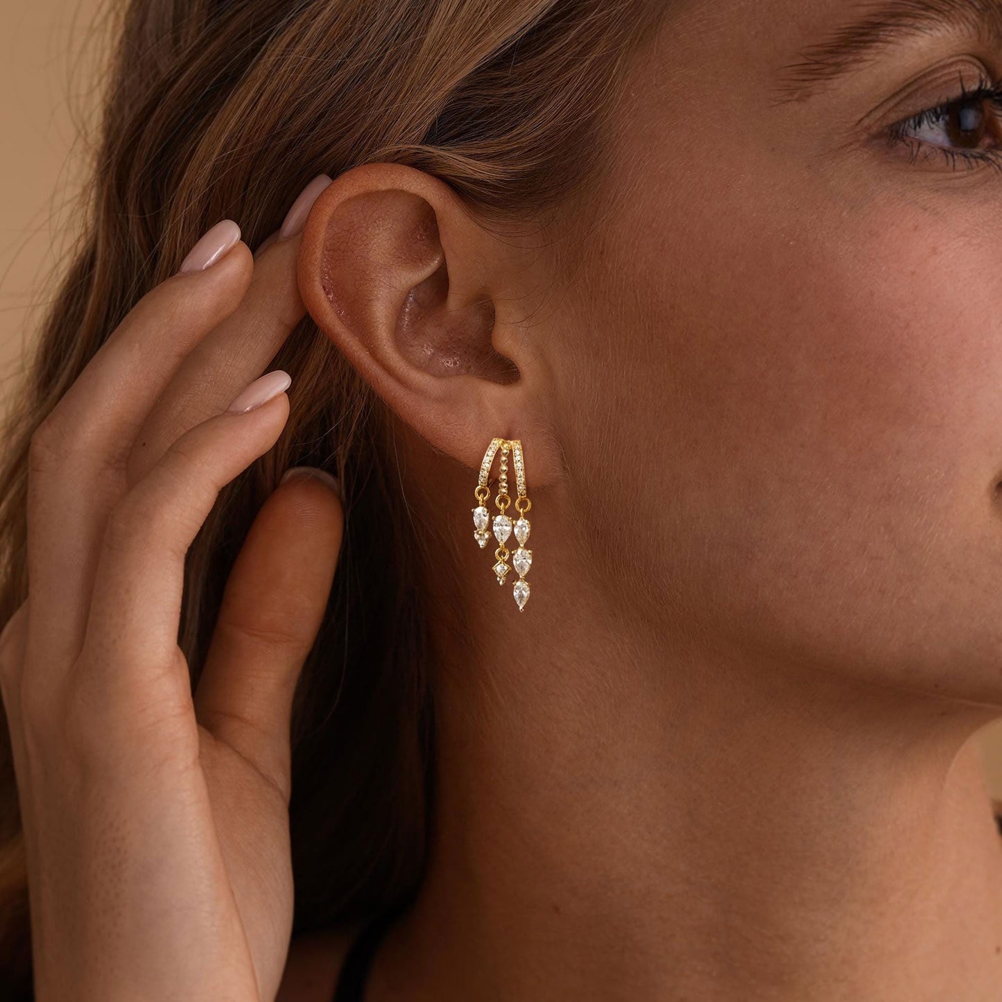Gold Dangle Earrings for Women,Dainty 14K Gold Plated Triple Huggie Hoop Earrings Cute Statement Drop Earrings for Women Trendy Hypoallergenic CZ Gold Earrings Non Tarnish Wedding Prom Jewelry