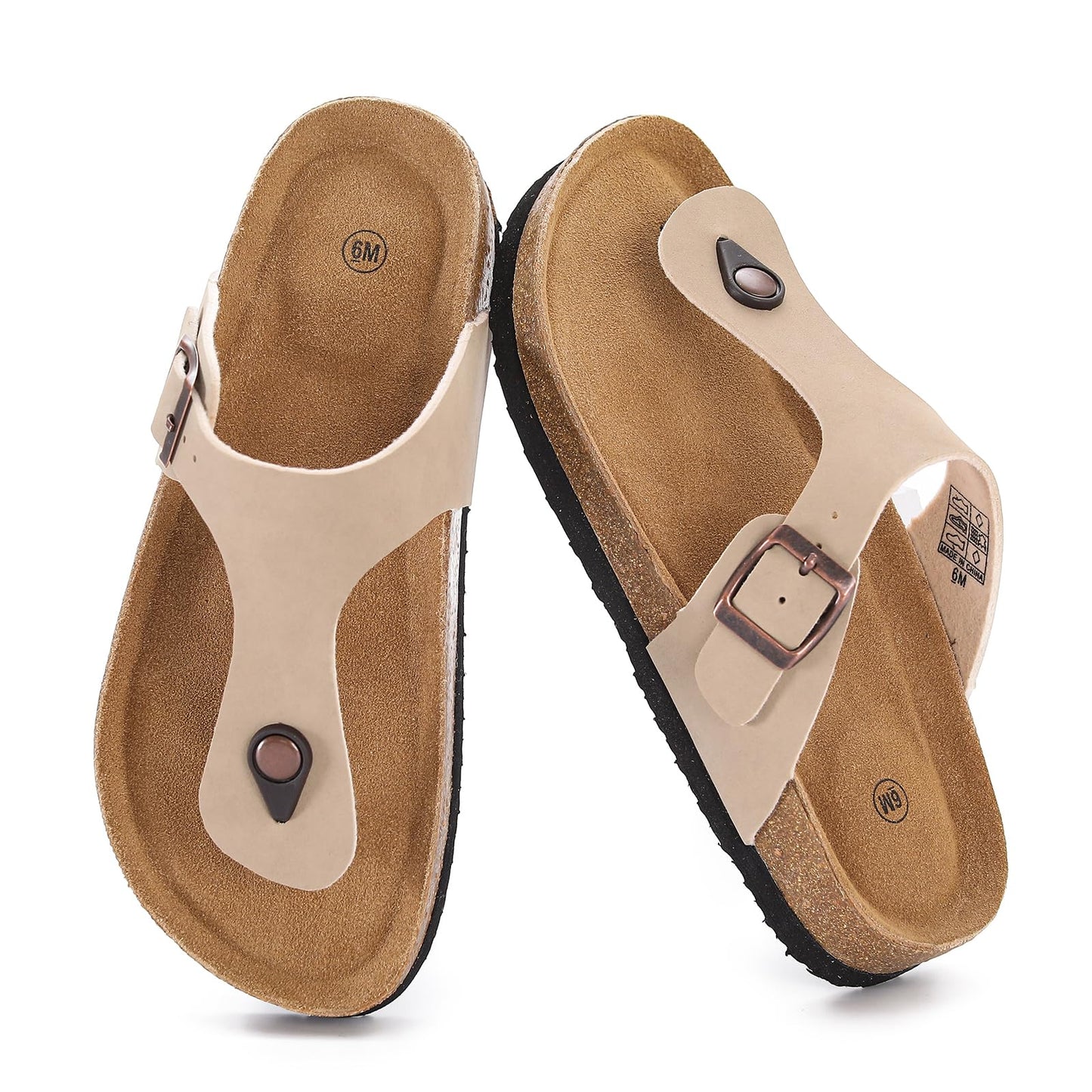 Cork Footbed Flip Flops for Women, Comfortable Beach Sigle Buckle Slip-On with Genuine Suede Footbed & Memory Foam Arch Support Flats Slides for Women Footwear