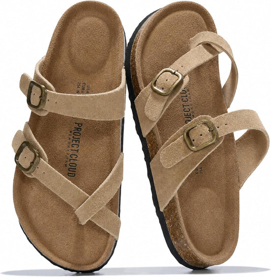 Project Cloud 100% Genuine Leather Womens Sandals -Lightweight Womens Slides Memory Foam Insole & Cork Footbed Sandals Women - Non-Slip Beach Essentials Summer Sandals for Women 2026 (Lian)