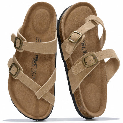 Project Cloud 100% Genuine Leather Womens Sandals -Lightweight Womens Slides Memory Foam Insole & Cork Footbed Sandals Women - Non-Slip Beach Essentials Summer Sandals for Women 2026 (Lian)