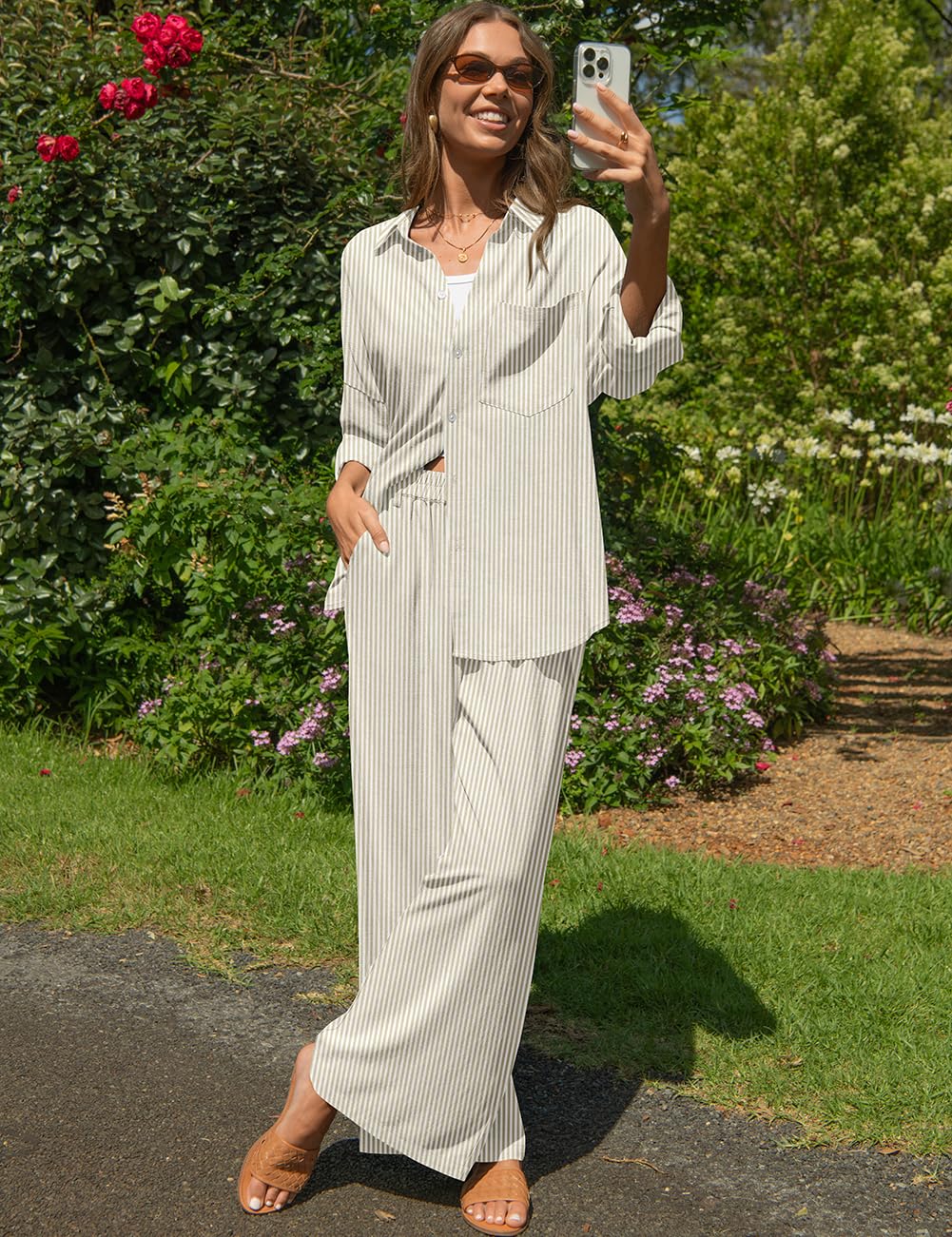 TARSE Womens Linen 2 Piece Outfits Casual Lounge Sets | Long Sleeve, Button Down Shirt and Wide Leg Pants, loose fit linen, vacation outfits with Pockets