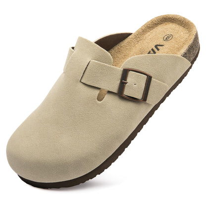Women Suede Clogs Casual Slip On Potato Mule Slippers | Soft Suede Upper, Arch-Support Cork Insole, Adjustable Buckle, Anti-Slip Sole