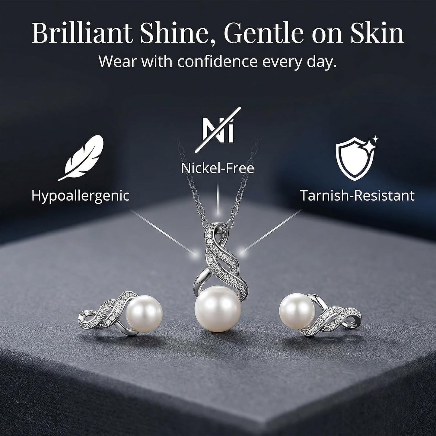 Real Diamond Sterling Silver Pearl Necklace and Earring Set | Hypoallergenic Real Cultured Freshwater Pearl Jewelry Set with 18 Inch Silver Chain | Diamond Bridal Bridesmaid Set for Women with Gift Box by MAX + STONE