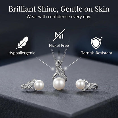 Real Diamond Sterling Silver Pearl Necklace and Earring Set | Hypoallergenic Real Cultured Freshwater Pearl Jewelry Set with 18 Inch Silver Chain | Diamond Bridal Bridesmaid Set for Women with Gift Box by MAX + STONE
