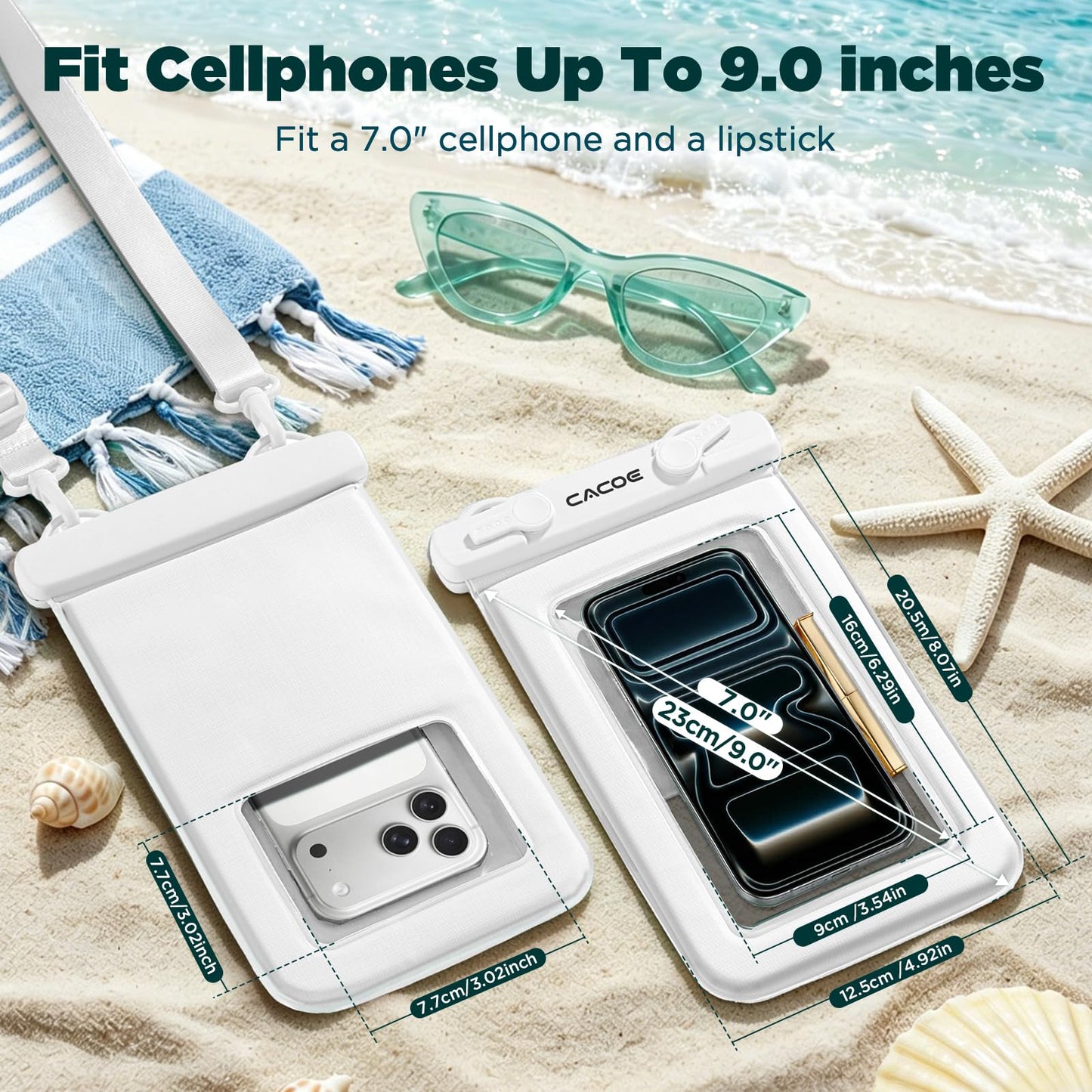 CACOE Floatable Waterproof Phone Pouch 2 Pack Up to 9.0", Black+Green | Floatable, IPX8 Waterproof Phone Case,Adjustable Lanyard,Dry Bags for Beach/Cruise/Travel/Camping/Kayak/Vacation Essentials