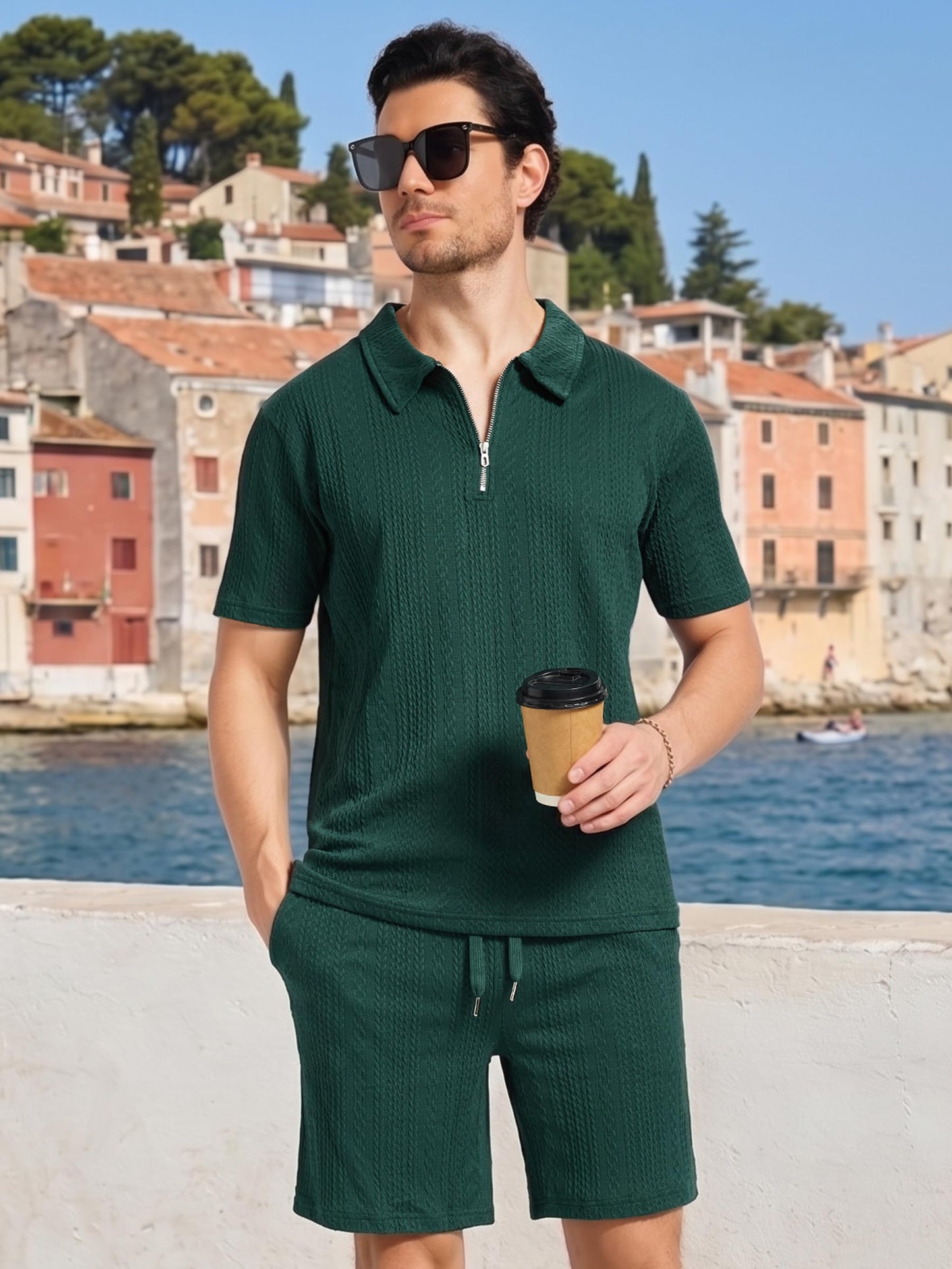 yuyangdpb Men's 2 Piece Summer Vacation Outfits Polo Shirt & Shorts Set | Breathable Textured Knit Fabric, Stretchy, Soft, Moisture-wicking, Lightweight, Ideal for Beach Casual Tracksuit, M-2XL