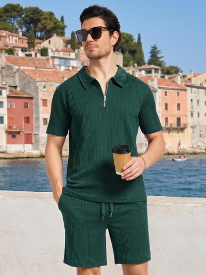 yuyangdpb Men's 2 Piece Summer Vacation Outfits Polo Shirt & Shorts Set | Breathable Textured Knit Fabric, Stretchy, Soft, Moisture-wicking, Lightweight, Ideal for Beach Casual Tracksuit, M-2XL