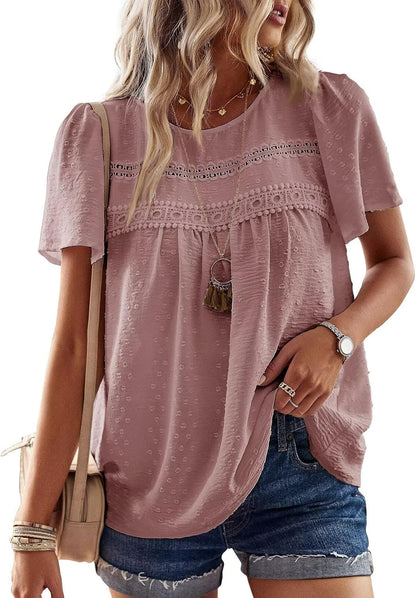 Falechay Womens Summer Tops Crewneck Short Sleeve Shirts Casual Chiffon Blouses Flowy Lace Hem Boho Clothing Trendy 2026