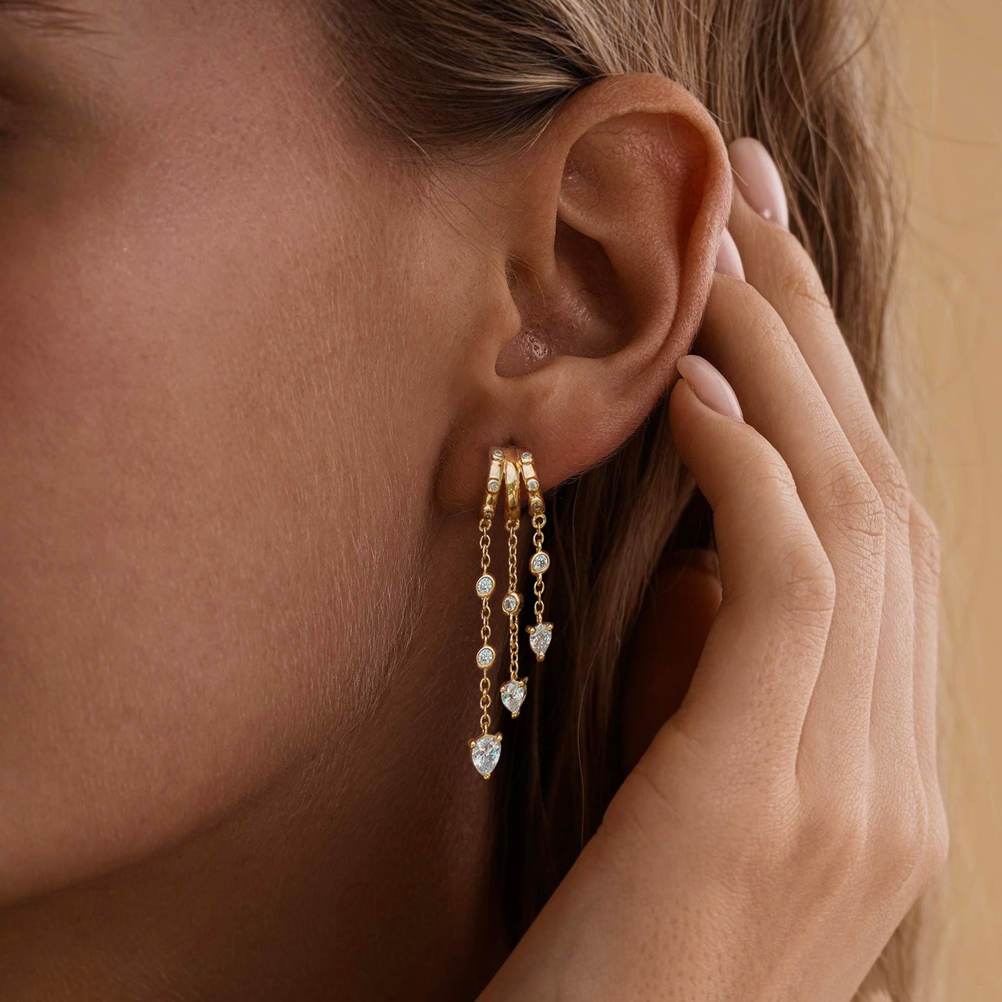 Gold Dangle Earrings for Women,Dainty 14K Gold Plated Triple Huggie Hoop Earrings Cute Statement Drop Earrings for Women Trendy Hypoallergenic CZ Gold Earrings Non Tarnish Wedding Prom Jewelry