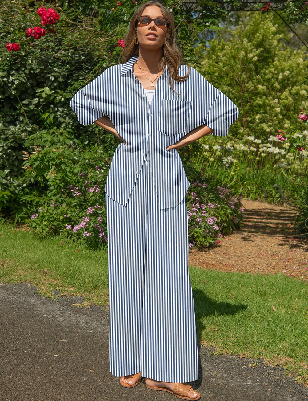 TARSE Womens Linen 2 Piece Outfits Casual Lounge Sets | Long Sleeve, Button Down Shirt and Wide Leg Pants, loose fit linen, vacation outfits with Pockets
