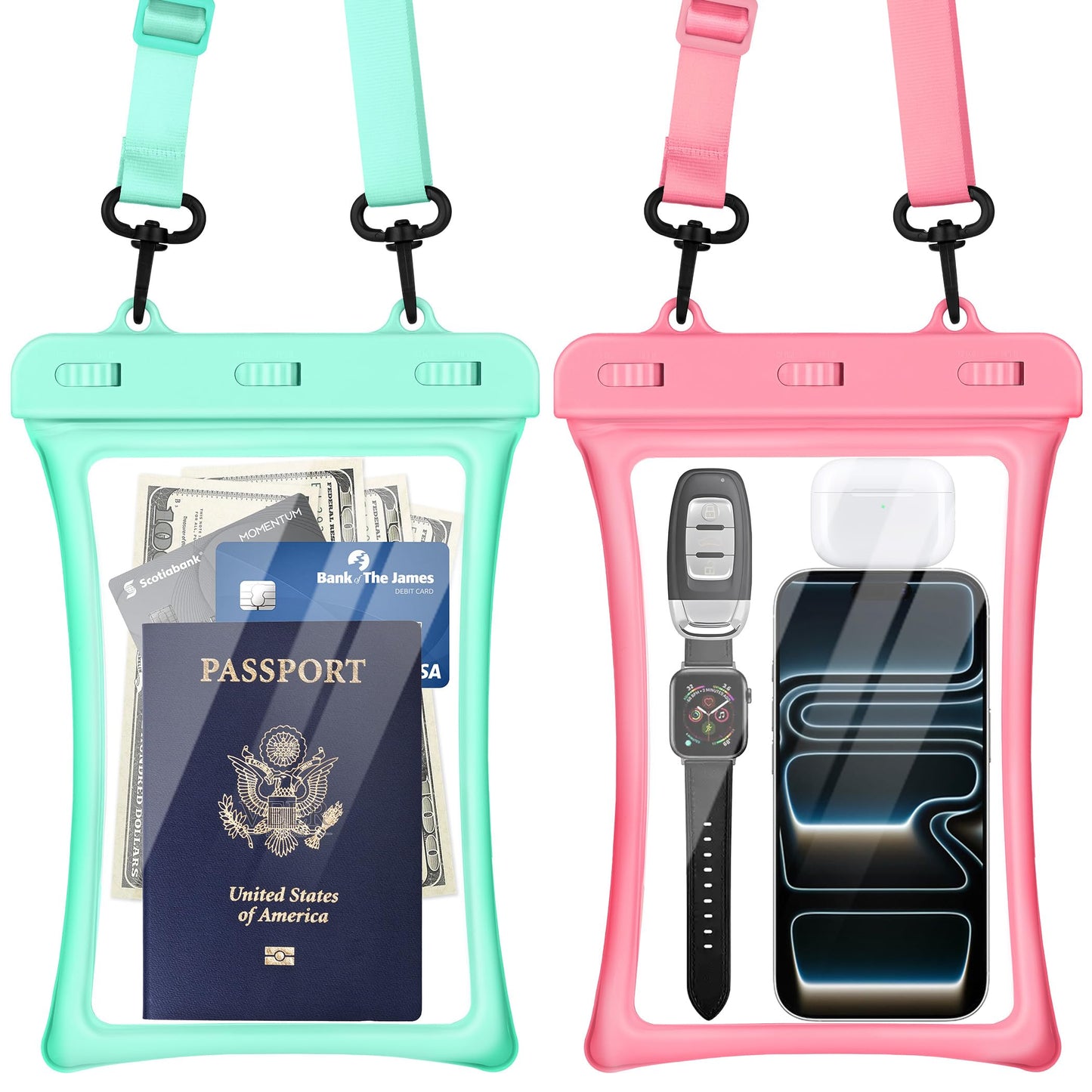 CACOE Floatable Waterproof Phone Pouch 2 Pack Up to 9.0", Black+Green | Floatable, IPX8 Waterproof Phone Case,Adjustable Lanyard,Dry Bags for Beach/Cruise/Travel/Camping/Kayak/Vacation Essentials