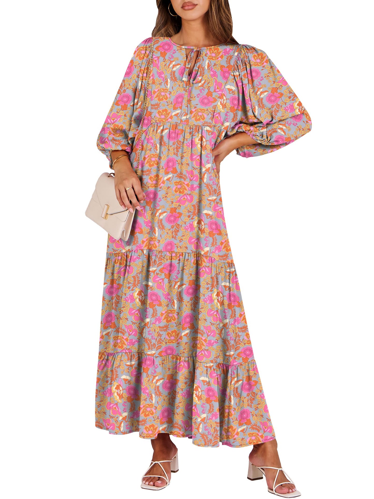 ANRABESS Womens Boho Floral 3/4 Puff Sleeve Maxi Dress | Tiered Flowy Loose Fit, Comfy Soft Rayon Fabric, Wedding Guest Church Beach, Modest Elegant, Spring Summer Fall Outfits