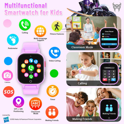 Transformers 4G Kids Smart Watch Phone, GPS, Video Call, Waterproof - Pink | Smartwatch for Boys Girls Ages 4-12, Class Mode, SOS, Camera, Alarm, Touch Screen, Gifts with Bonus Woven Strap & SIM Card